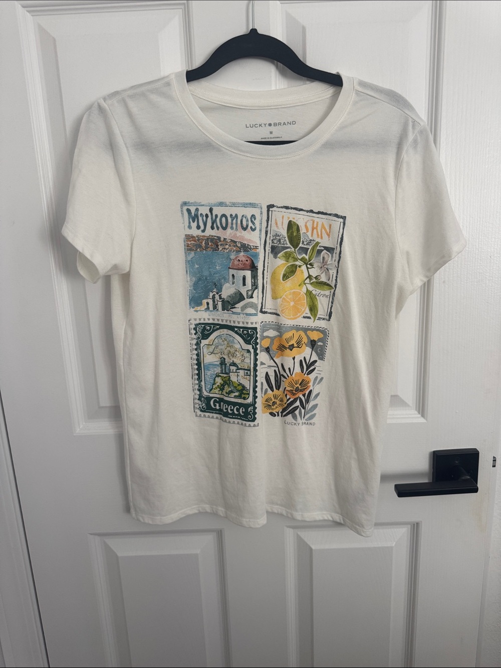 Lucky Brand White Graphic Mykonos & Lemon Stamp Tee
